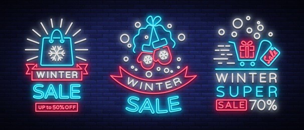winter sale is a set of banners in the neon style. vector illustration on winter, new year and christmas discounts and sales. collection of neon signs, vivid sign, luminous advertising, postcard