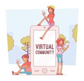 virtual youth communication. audio, video or text interaction with friends, contacts with imaginary group, speaking, writing without meeting. vector business concept line art illustration
