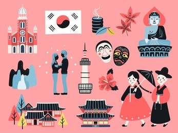 korea travel collection, lovely flat style korea attractions and specialties on pink background