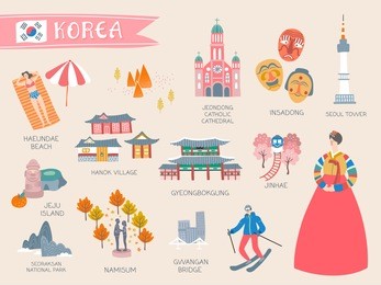 korea travel collection, lovely flat style korea attractions and specialties on light pink background