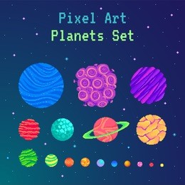 pixel art planets set . cartoon collection for design. vector illustration.