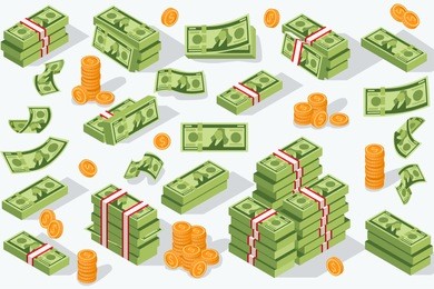 money currency vector illustration. various money bills dollar cash paper bank notes and gold coins. collection of cash heap pile and currency stack vector set.