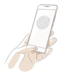 vector illustration of a hand holding a smartphone and using fingerprint scanner