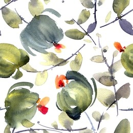 watercolor and ink illustration of flowers and leaves. sumi-e, u-sin painting. seamless pattern.