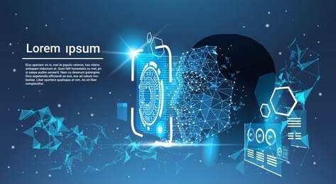 face recognition system concept low polygon human face scanning blue template background with copy space vector illustration