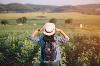 asian woman traveler with backpack holding hat and looking at amazing mountains and forest, travel holiday relaxation concept.