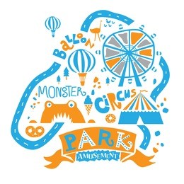 illustration of an amusement park. attractions and pavilions with food and drinks, christmas tree, circus, ferris wheel, balloons. ideal for children's goods, to print on t-shi