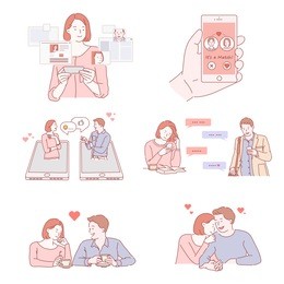 couple characters dating on smart phones hand drawn style vector doodle design illustrations.