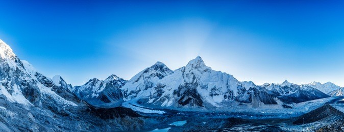 snow mountain peaks. panoramic view of himalaya mountain. way to everest base camp, khumbu valley, sagarmatha national park.