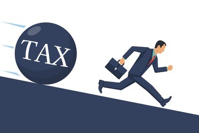 tax concept. businessman runs away from big tax. financial crisis, economic depression, crash financial. vector illustration flat design. isolated on white background. cartoon business people.