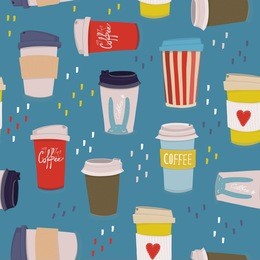 hand drawn various coffee cups. vector seamless pattern. blue background