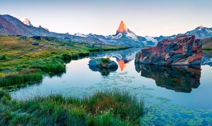 impressive summer scene of the stellisee lake. splendid evening view of matterhorn (monte cervino, mont cervin) in swiss alps, switzerland, europe. beauty of nature concept background.