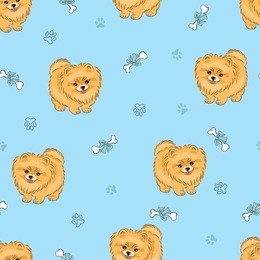 seamless pattern with cute pomeranian puppy on blue. vector dogs background.