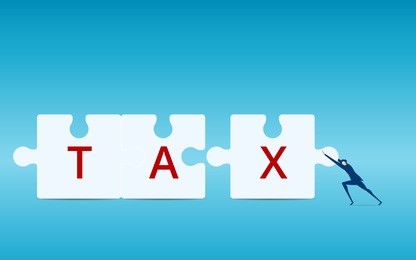 businessman pushing combine tax puzzle pieces. business financial concept. cartoon vector illustration.