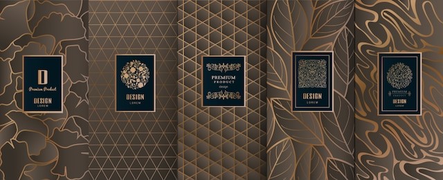 collection of design elements,labels,icon,frames, for packaging,design of luxury products.made with golden foil.isolated on brown background. vector illustration