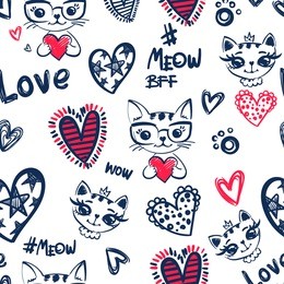 romantic seamless pattern cat wear glasses, and princess pussy kitty with crown. set of sketch heart elements. valentine's day. love repeated backdrop for girl, textile, clothes, wrapping paper. 