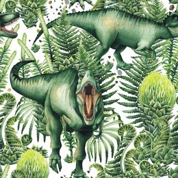 watercolor tirannosaurus rex decorated with green prehistoric plants. hand painted seamless pattern with dinosaurs. predator of the jurassic age