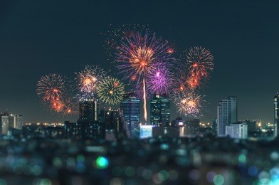 city view and bangkok with beautiful fireworks