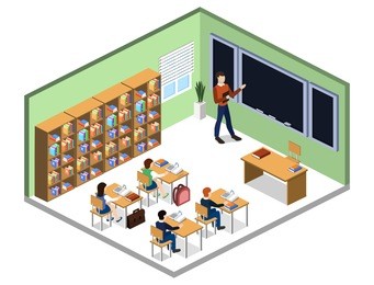 isometric 3d vector illustration interior class in school with students