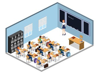 isometric 3d vector illustration interior class in school with students