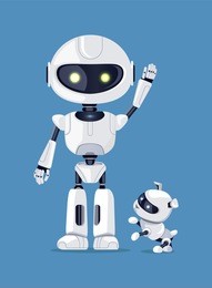 robot with raised arm, waving robotic creature, standing beside friendly dog ready to play, vector illustration, isolated on blue background