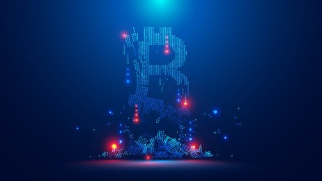 the sign or symbol of bitcoin, consists of numbers. bitcoin is falling apart and falling down. the collapse of the cryptocurrency. a digital background. business concept