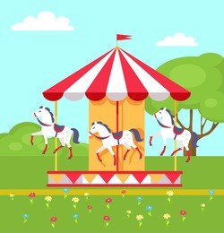 rotating horses carousel in city park, vector illustration of merry-go-round entertainment item on green lawn with flowers and trees