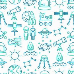 space seamless pattern with thin line icons: rocket, earth, lunar rover, space station, telescope, alien, meteorite. modern vector illustration.