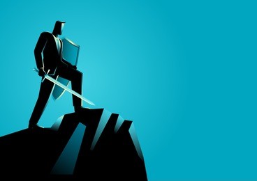 business concept vector illustration of an optimistic businessman holding a sword and shield standing on top of a mountain,  preparation, protection, precaution in business concept