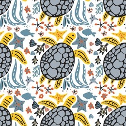  vector handdrawn sea seamless pattern with various marine animals. ornate summer illustration wiht sea turtles.
