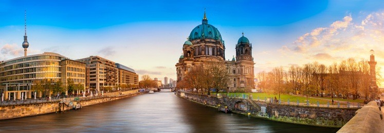 beautiful panoramic view of berlin dome during sunset against  blue sky