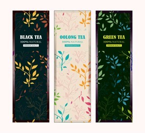 set of vector templates for tea packages, labels or stickers for black, green, oolong tea. herbal, branches and leaves illustration, simple flat style. different colors for each sort of tea
