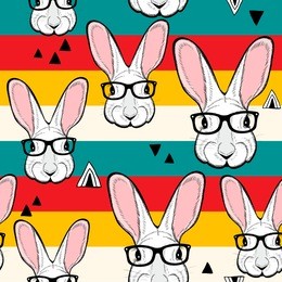 seamless pattern with stripes and white rabbits in retro colors. vector creative background.