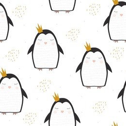 cute penguin princess with golden brush elements seamless pattern. vector hand drawn illustration.