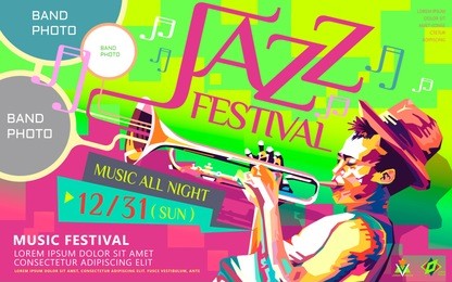jazz all night poster, music festival design in wpap style, pop art portrait for trumpet performance