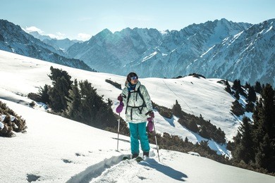 ski touring in surroundings of  ski resort in kyrgyzstan.