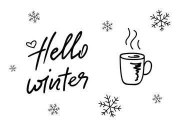 vector illustration hello winter with a hot mug of tea and snowflakes. hand lettering hello winter for icon, banner, poster, card, billboard, sticker, flyer. calligraphic design. doodle style.