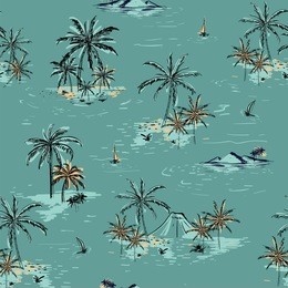 beautiful seamless island pattern on green mint background. landscape with palm trees,beach and ocean vector hand drawn style.