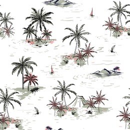 beautiful seamless island pattern on white background. landscape with palm trees,beach and ocean vector hand drawn style.
