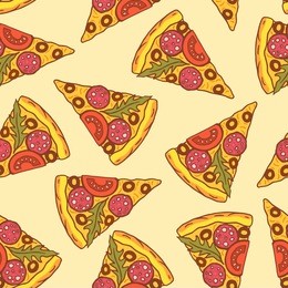 pizza pattern. vector color seamless pattern with hand drawn pizza slices. isolated on light yellow background.