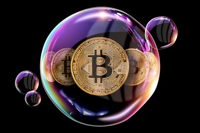 gold coins bitcoin in a soap bubble. the concept of instability of the crypto currency, electronic money, the burning of the crypto currency. against a dark background
