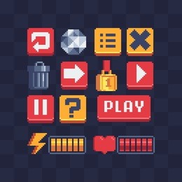 pixel art icons set. video game achievements. options items. game ui options. trash basket. battery charge. 8-bit sprites. game assets. isolated  abstract vector illustration.
