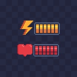 pixel art style. battery charge. full health bar. video game 8-bit sprite. sign energy, heart. isolated abstract vector illustration. 