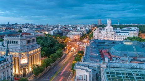 madrid day to night transition timelapse, beautiful rooftop panorama aerial view of madrid post palacio comunicaciones, plaza de cibeles (madrid), prueba, banco de espana, calle de alcala, spain