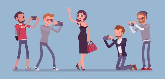 celebrity and journalists. young female elegant star, famous and well-known person, newspaper or magazine men photographing her, mass media gathering hot news. vector flat style cartoon illustration
