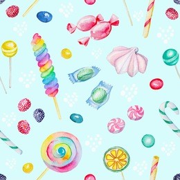 watercolor seamless background pattern with candies and  lollipop