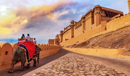 tourists enjoy an elephant ride at amer fort jaipur rajasthan at sunset.