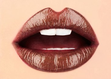 dark brown. sexy lips. lip care and beauty. close up of sexy plump soft lips with dark brown lipstick. professional makeup lip gloss cosmetic product. face skin mouth perfection flawless concept.