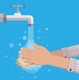hands under falling water out of tap. man washes hands with soap, hygiene. illustration in flat style