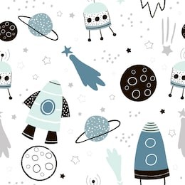 childish seamless pattern with hand drawn space elements space, rocket, star, planet, space probe. trendy kids vector background.